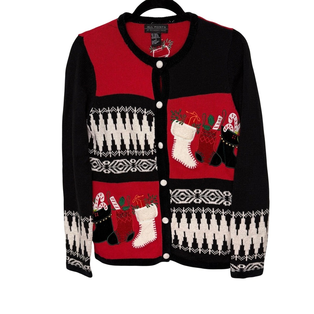 All Points Vinatge Christmas Cardigan Sweater Red Black Stockings Holiday Womens
